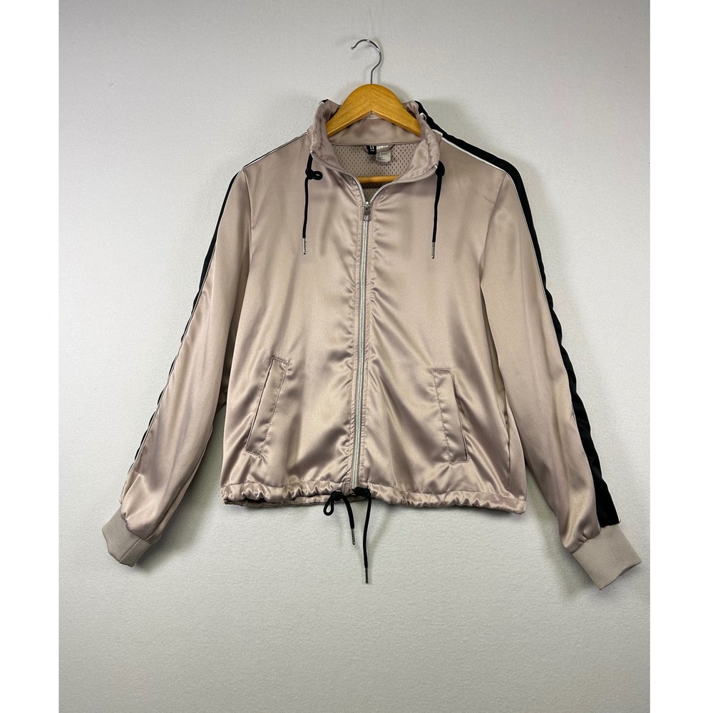 Athleisure H&M Divided Womens 6 Pink Satin Track‎ Jacket Racing Stripe Zip Up